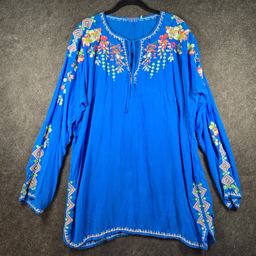 Johnny Was Embroidered Floral and Geometric Cupro Tunic Blouse Blue XXL